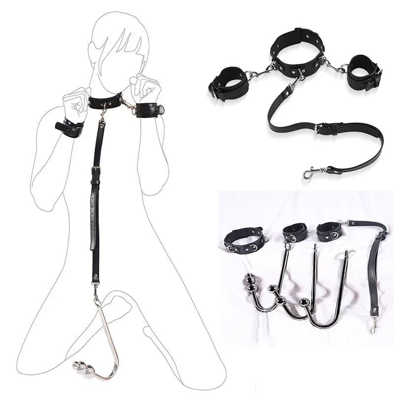 BDSM 性伴侣奴隶训练套装金属肛门钩项链束缚手铐女用情趣用品虐恋配件